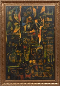Roger San Miguel, Filipino b. 1941, ?Abstract Masks?, oil on canvas stretched on board