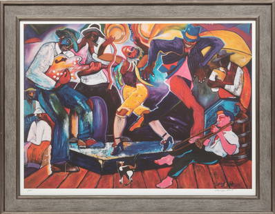 George Hunt, American/Tennessee 1933-2020, ?Dancin? Blues Away?, lithograph: George HuntAmerican/Tennessee, 1933-2020?Dancin? Blues Away?lithographpencil-signed and numbered ?1/25? lower margin, signed in plate, framed.Image: 27 1/2 x 38 in. (69.9 x 96.5 cm.), Frame: 36 x 46 x