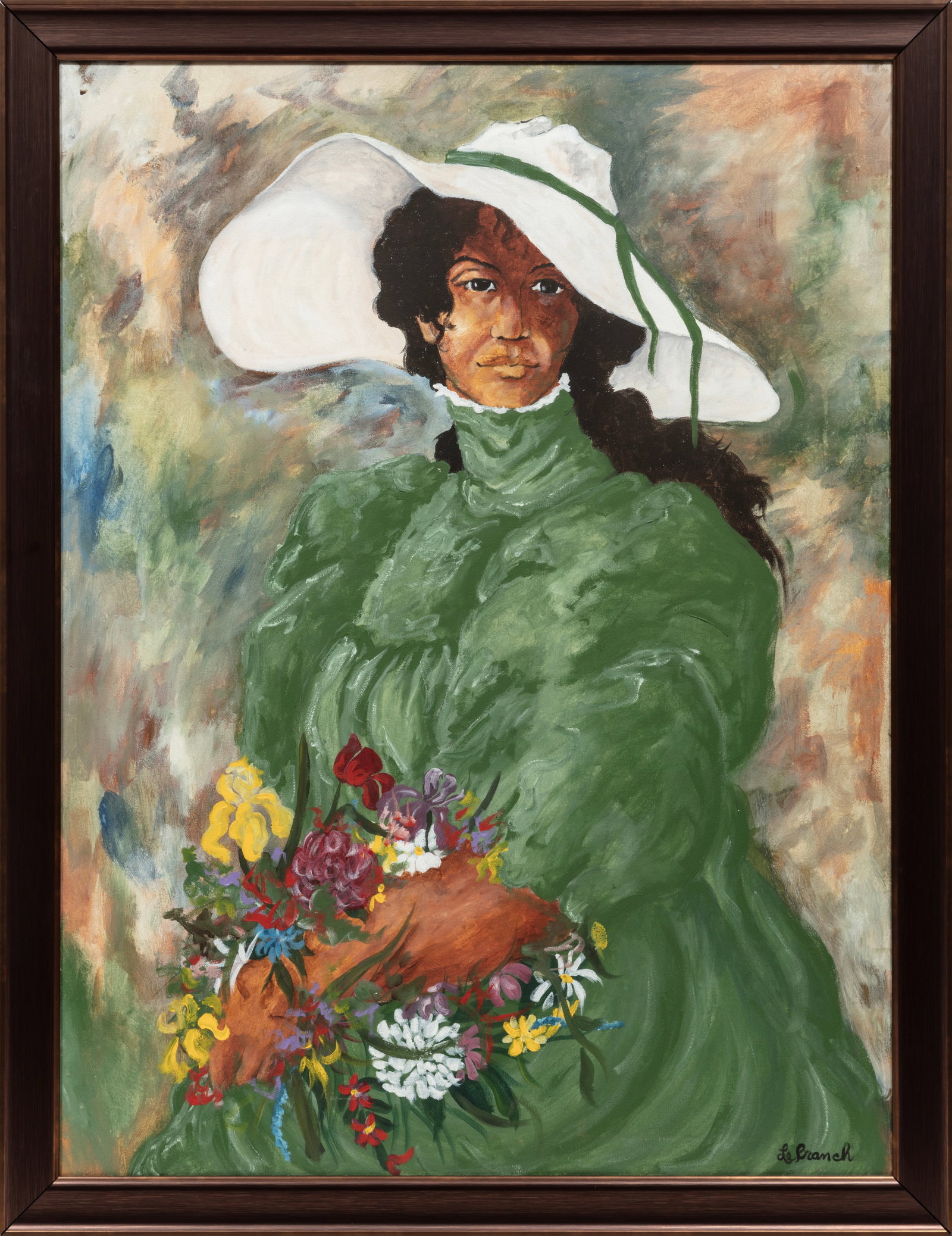 Le Branch, American/Hawaii 20th c., ?Portrait of a Woman in Green?, oil on canvas: Le Branch American/Hawaii, 20th c. ?Portrait of a Woman in Green? oil on canvas signed lower right, framed. 40 x 30 in. (101.6 x 76.2 cm.), Frame: 44 x 34 x 1 in. (111.8 x 86.4 x 2.5 cm.)