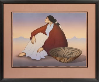 Rudolph Carl (RC) Gorman, Navajo/New Mexico 1931-2005, "Woman with Pima Basket" and "Anasazi Jar", 2
