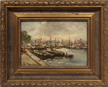 Johann Hendrick van Mastenbroek, Dutch 1875-1945, ?Boats at the Dock?, oil on panel