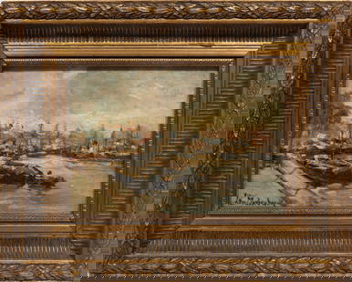 Johann Hendrick van Mastenbroek, Dutch 1875-1945, ?Boats at the Dock?, oil on panel: Johann Hendrick van MastenbroekDutch, 1875-1945?Boats at the Dock?oil on panelsigned lower left, framed.7 x 10 in. (17.8 x 25.4 cm.), Frame: 11 1/2 x 14 3/8 x 1 3/4 in. (29.2 x 36.5 x 4.4 cm.)