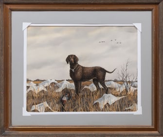 David Drinkard, American/Texas 1948-2016, "Hunting Dog in a Marsh in Winter", watercolor on paper