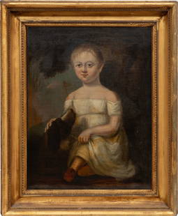 American School 18th/19th c., "Child with Dog", oil on canvas: American School 18th/19th c."Child with Dog"oil on canvasunsigned, framed.26 3/8 x 20 in. (67 x 50.8 cm.), Frame: 34 x 28 x 3 3/4 in. (86.4 x 71.1 x 9.5 cm.)