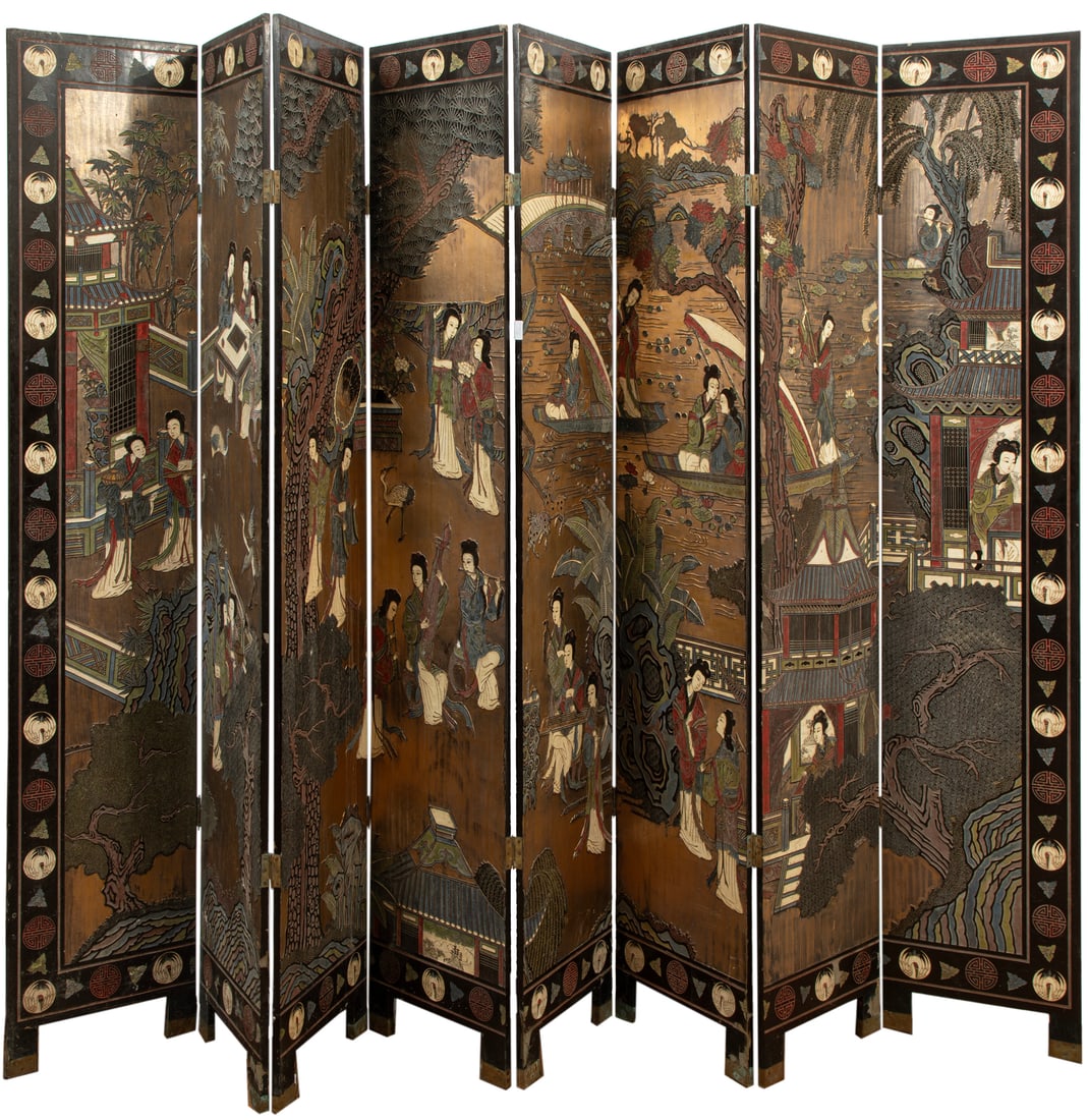 Chinese Carved and Painted Lacquer Coromandel-Style Eight Panel Screen (1 of 5)