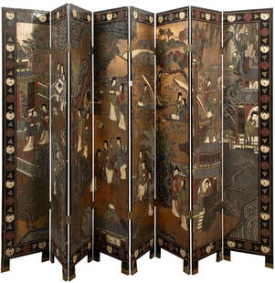 Chinese Carved and Painted Lacquer Coromandel-Style Eight Panel Screen: Chinese Carved and Painted Lacquer Coromandel-Style Eight Panel Screen, decorated with elegant ladies in a garden landscape, reverse with egrets and deer in a lush landscape,h. 85 in., w. 130 in.
