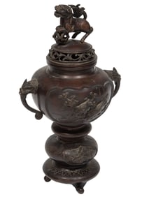 Asian Patinated Bronze Covered Censer on Stand