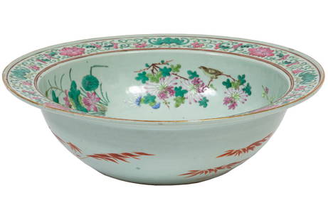 Chinese Famille Rose Porcelain Bowl: Chinese Famille Rose Porcelain Bowl,19th c., well decorated with central medallion enclosing courtly ladies, cavetto with birds-on-branches, wide everted rim with floral and bat scrolls, exterior with