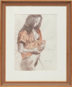Moses Soyer, Russian/New York 1899-1974, "Standing Nude with Orange Shirt", cont? crayon and