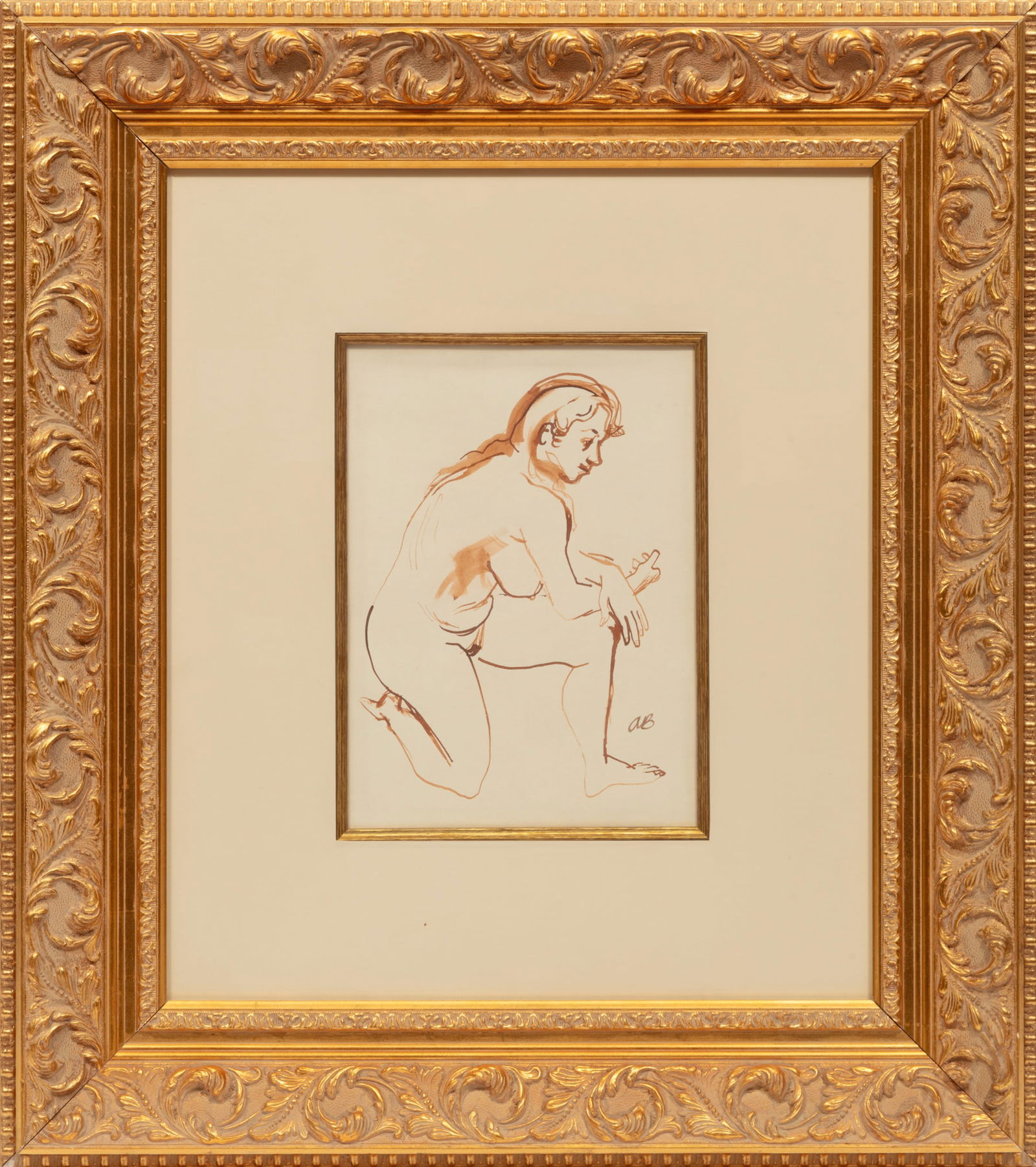 Aaron Bohrod, American/Wisconsin 1907-1992, "Nude Figure", ink on paper: Aaron BohrodAmerican/Wisconsin, 1907-1992"Nude Figure"ink on paperinitialed lower right, "Warren [illegible] Collection" stamp en verso, framed.12 x 9 1/2 in. (30.5 x 24.1 cm.), Frame: 25 x 22 1/4 x 1