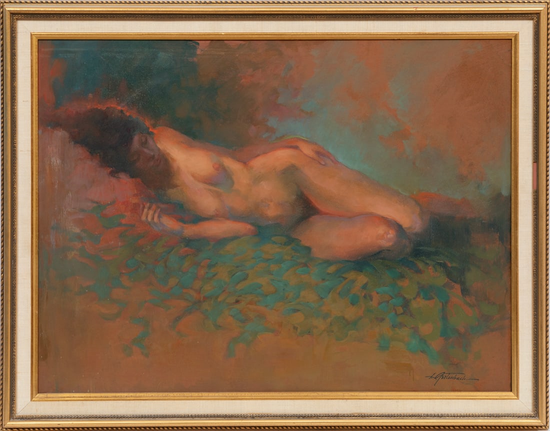 Lynn Gertenbach, American/California 1948-2023, "Reclining Nude", oil on masonite: Lynn GertenbachAmerican/California, 1948-2023"Reclining Nude"oil on masonitesigned lower right, framed.18 x 23 3/4 in. (45.7 x 60.3 cm.), Frame: 21 1/2 x 27 5/8 x 1 3/4 in. (54.6 x 70.2 x 4.4 cm.)