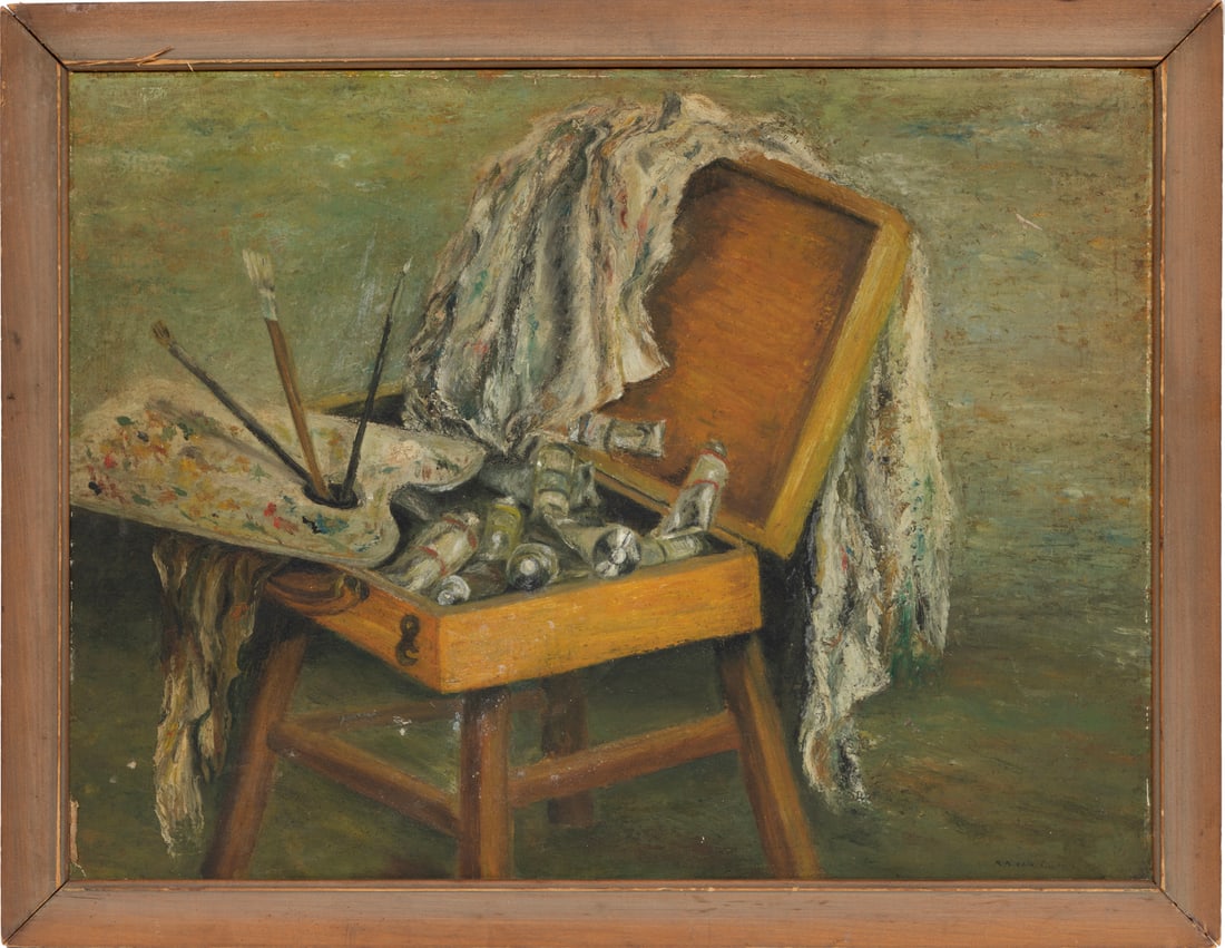 Attributed to Arnold van Praag, British 1926-2020, "Paints and Palette", oil on canvas board: Attributed to Arnold van Praag British, 1926-2020 "Paints and Palette" oil on canvas board partial/abraded signature lower right, inscribed with artist name en verso, framed. 18 x 23 7/8 in. (45.7 x 6