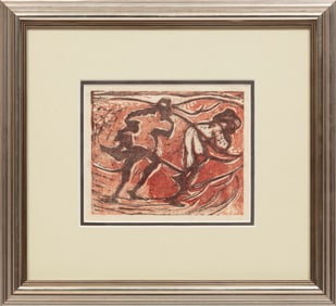 American School 20th c., "Two Figures", woodblock print