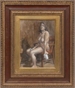 Stephen W. Douglas, American/California 1949-2024, "Seated Nude with Cup", oil on panel