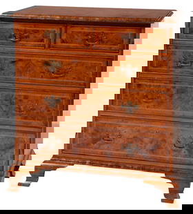 Georgian-Style Inlaid Burlwood Chest of Drawers: Georgian-Style Inlaid Burlwood Chest of Drawers, 20th century., banded molded top, two short drawers above three long drawers, molded base, bracket feet33 1/2 x 31 x 18 in. (85.1 x 78.7 x 45.7 cm.)