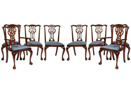 Set of Eight Georgian-Style Carved Mahogany Dining Chairs: Set of Eight Georgian-Style Carved Mahogany Dining Chairs, 20th/early 21st c., two arms, six sides, shaped crest rail. pierced carved splat, cabriole legs, ball and claw feetarm 39 x 24 x 24 in. (99.1