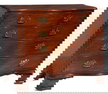 Georgian-Style Serpentine Carved Mahogany Chest of Drawers: Georgian-Style Serpentine Carved Mahogany Chest of Drawers, 20th c., Labeled Baker Furniture, Historic Charleston Collection, molded top, four conforming graduate drawers, blind fretwork styles, molde