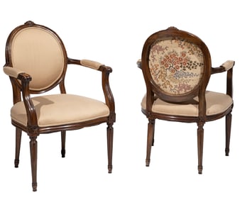 Pair of Louis XVI-Style Carved Walnut Fauteuils