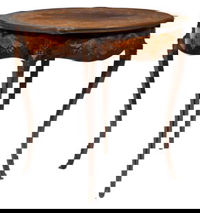 English Late Victorian Inlaid Marquetry Bronze Mounted Center Table: English Late Victorian Inlaid Marquetry Bronze Mounted Center Table, molded foliate inlaid top, bronze mounted frieze, cabriole legs