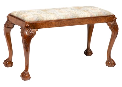 Queen-Anne-Style Carved Burl Walnut Bench