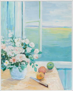 Bonnie Kirk Deffebach, American/California 1923-2017, "Still Life with Vase of Flowers and Fruit",: Bonnie Kirk DeffebachAmerican/California, 1923-2017"Still Life with Vase of Flowers and Fruit"oil on canvas1986, signed and dated lower right, framed.29 7/8 x 24 1/8 in. (75.9 x 61.3 cm.), Frame: 30 1