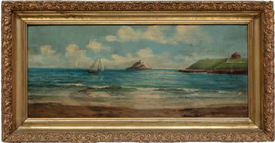 American School late 19th/early 20th c., "Egg Rock off Lynn Beach", oil on board
