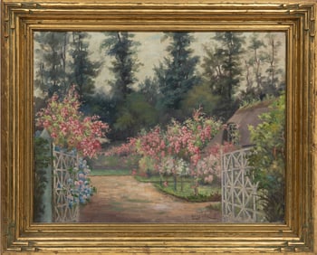 Jules-Lucien Brault, French b. 1861, "Rose Garden", oil on canvas
