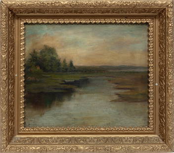 American School late 19th c., "Marsh Landscape", oil on board: American School late 19th c."Marsh Landscape"oil on boardunsigned, framed.9 3/4 x 12 in. (24.8 x 30.5 cm.), Frame: 13 3/4 x 15 1/2 x 2 in. (34.9 x 39.4 x 5.1 cm.)