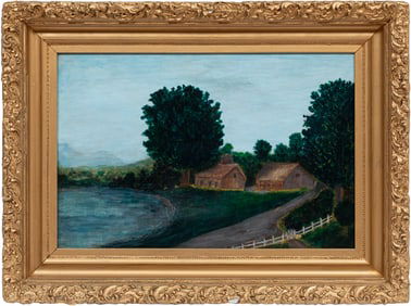 American School late 19th c., "Landscape with Small Homestead", oil on board,