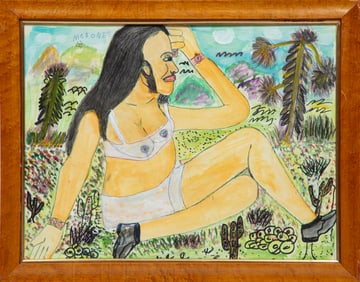 M.C. (5 Cent) Jones, American/Louisiana 1918-2003, ?Risqu? Girl?, mixed media on paper