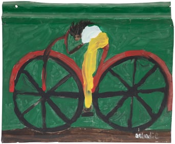 Woodie Long, American/Alabama 1942-2009, ?Bicyclist on Green?, paint on found metal