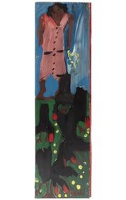 Woodie Long, American/Alabama 1942-2009, "Feeding Chickens", paint on panel