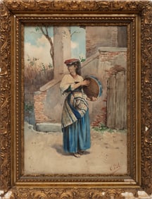 Edouardo Vitali, Italian 19th c., "Donna con Tammorra", watercolor on paper laid on board
