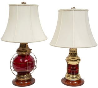 Pair of Ruby Glass and Brass Railroad Lantern Table Lamps