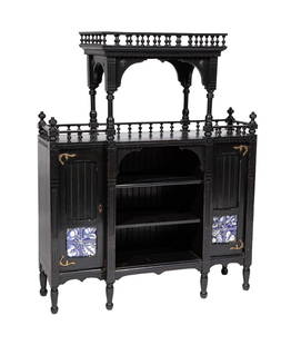Aesthetic Carved and Ebonized Etagere Cabinet: Aesthetic Carved and Ebonized Etagere Cabinet, late 19th c. spindle galleries, molded top turned supports, paneled doors with inset Minton Tiles, center open shelves, turned feet48 x 39 x 12 in. (121.