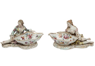 Pair of Meissen-Style Porcelain Figural Sweetmeat Dishes