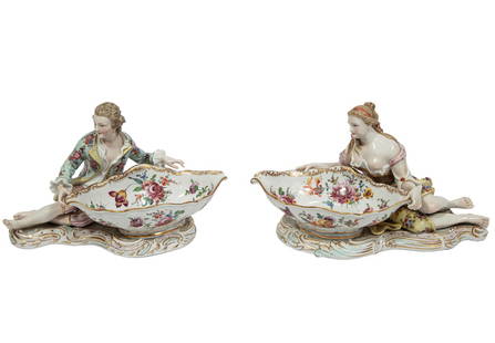 Pair of Meissen-Style Porcelain Figural Sweetmeat Dishes: Pair of Meissen-Style Porcelain Figural Sweetmeat Dishesmarked, modeled as reclining male and female figures6 1/4 x 11 x 5 1/2 in. (15.9 x 27.9 x 14 cm.)