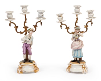 Pair of Continental Gilt Bronze and Porcelain Three-Light Figural Candelabras