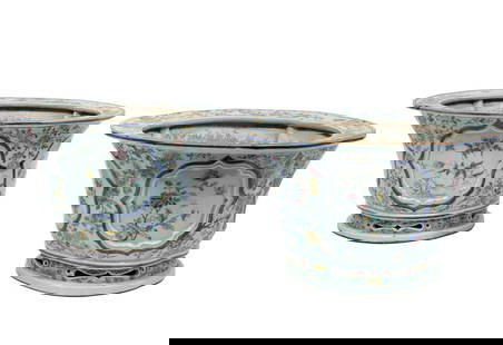 Fine Pair of Chinese Famille Rose Porcelain Jardinieres: Fine Pair of Chinese Famille Rose Porcelain Jardinieres,Qing Dynasty (1644-1911), lobed bodies with molded recessed cartouches enclosing birds and butterflies amid flowers and branches, pierced steppe
