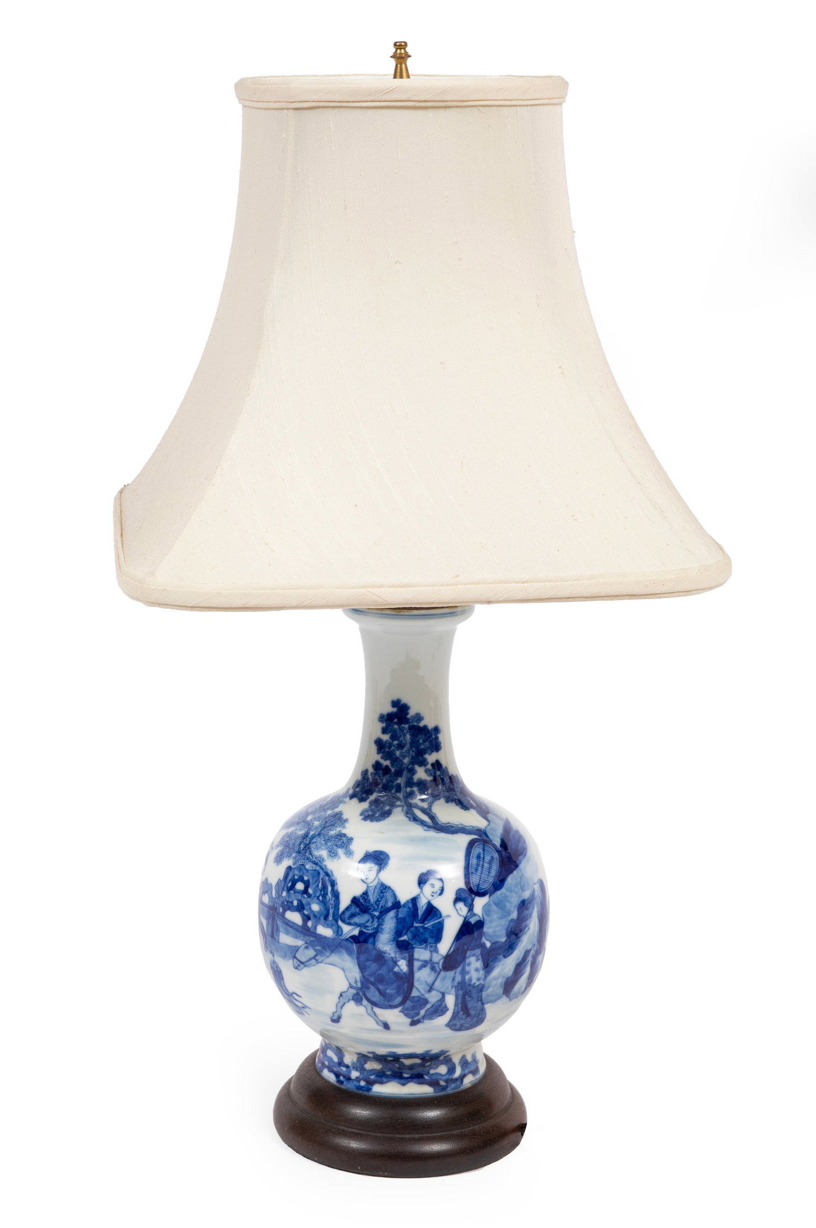 Chinese Blue and White Porcelain Bottle Vase Lamp: Chinese Blue and White Porcelain Bottle Vase Lamp, , decorated with figures in a landscape, h. 10 in., mounted as a lamp, overall h. (incl. finial) 23 1/4 in.