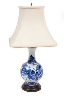 Chinese Blue and White Porcelain Bottle Vase Lamp: Chinese Blue and White Porcelain Bottle Vase Lamp,, decorated with figures in a landscape, h. 10 in., mounted as a lamp, overall h. (incl. finial) 23 1/4 in.