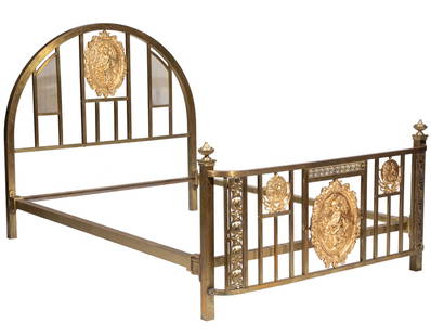 French Brass Bedstead: French Brass Bedstead, 20th c., head and foot boards with putto medallions,