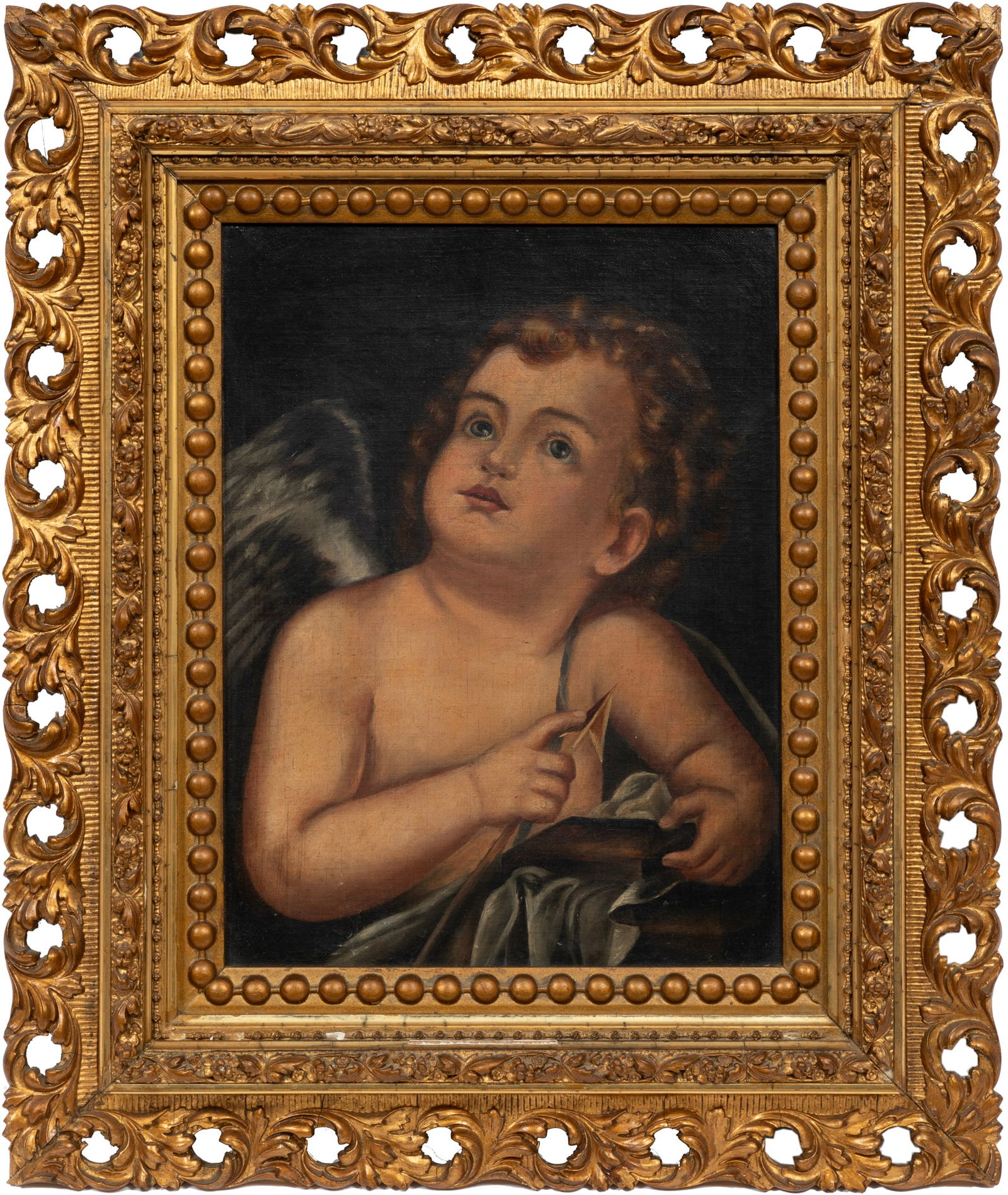 After Anton Raphael Mengs, German 1728-1779, "Cupid Sharpening his Arrow", oil on canvas: After Anton Raphael MengsGerman, 1728-1779"Cupid Sharpening his Arrow"oil on canvasunsigned, framed.15 1/8 x 11 1/4 in. (38.4 x 28.6 cm.), Frame: 23 1/4 x 19 5/8 x 2 in. (59.1 x 49.8 x 5.1 cm.)