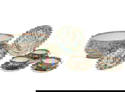 Collection of Chinese Porcelain Table Articles, 9 pcs.: Collection of Chinese Porcelain Table Articles,18th and 19th c., incl. punch bowl, h. 4 7/8 in., dia. 11 1/4 in.; 3 teacups, marked "CHINA"; 3 saucers, dia. 5 1/8 to 5 1/2 in.; plate, dia. 7 3/4 in.;