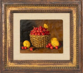 Sondra Lipton, American/New York 20th c., "Still Life of Cherries, Lemons and Butterfly", oil on