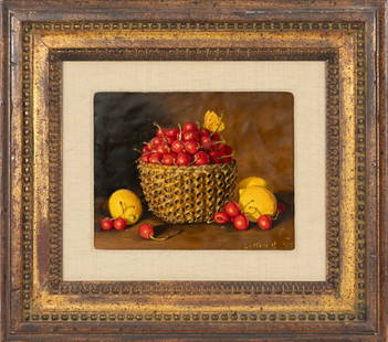 Sondra Lipton, American/New York 20th c., "Still Life of Cherries, Lemons and Butterfly", oil on: Sondra LiptonAmerican/New York, 20th c."Still Life of Cherries, Lemons and Butterfly"oil on board1973, signed and dated lower right, framed.7 x 8 in. (17.8 x 20.3 cm.), Frame: 11 x 12 1/4 x 1 in. (27.