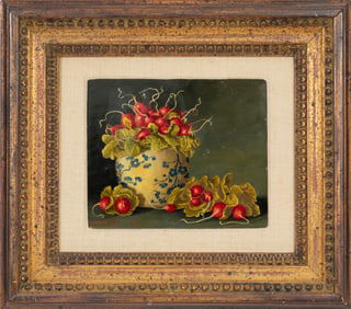 Sondra Lipton, American/New York 20th c., "Still Life of Radishes in Vase", oil on masonite