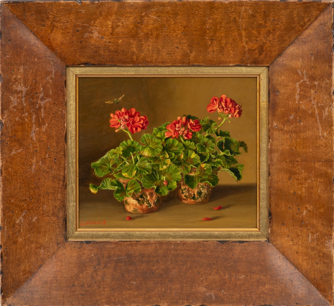 Sondra Lipton, American/New York 20th c., "Still Life of Geraniums & Bee", oil on masonite (1 of 2)