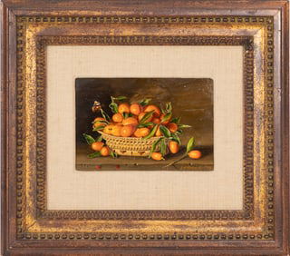 Sondra Lipton, American/New York 20th c., "Still Life of Kumquats in Basket with Butterfly and