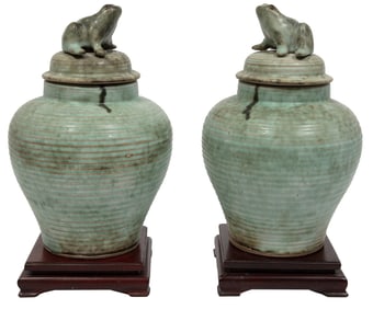 Pair of McCartys Jade Pottery Covered Urns